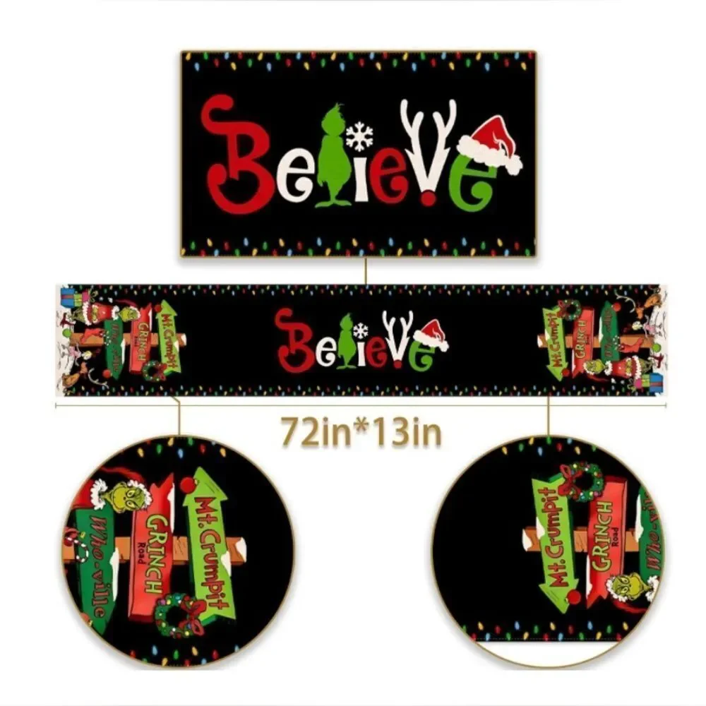 Grinch Christmas Table Runner Merry Christmas Winter Holiday Party Decorations